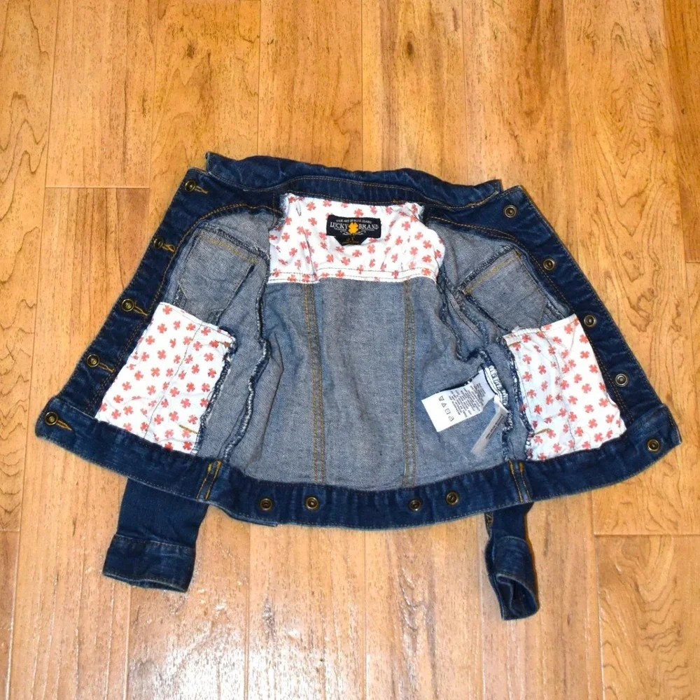 Lucky Brand Denim Trucker Jacket Kids 3T Dark Blue Excellent Clover Print Lining